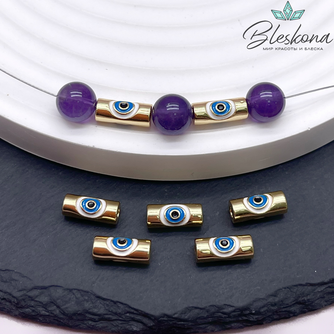 11*4,5 мм Цвет золото, Бусина цилиндр глаза голубая эмаль 