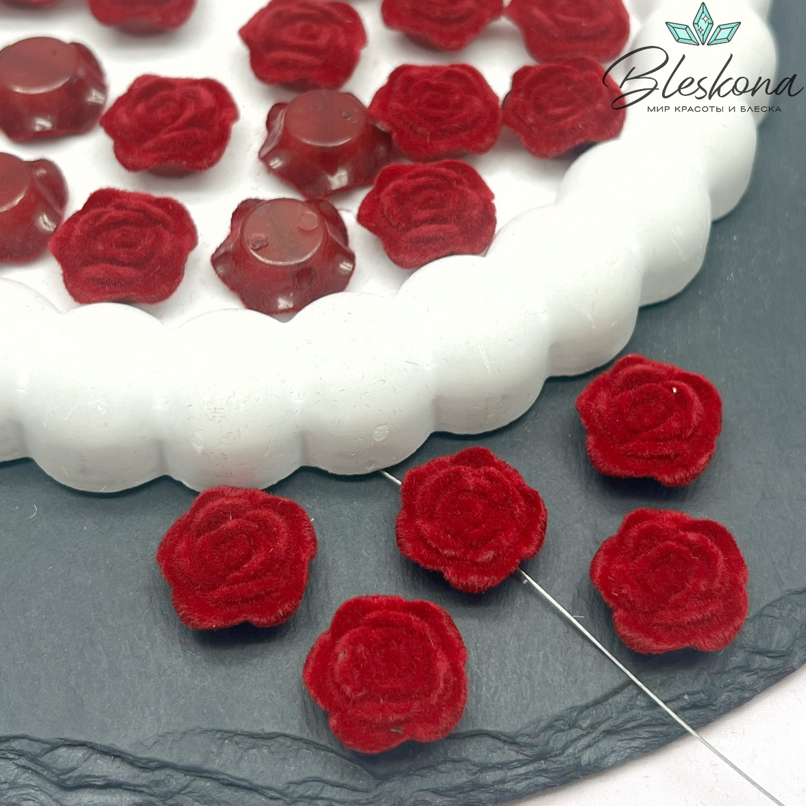 15мм Бархатная бусина Цветок - Роза, Цвет бордо