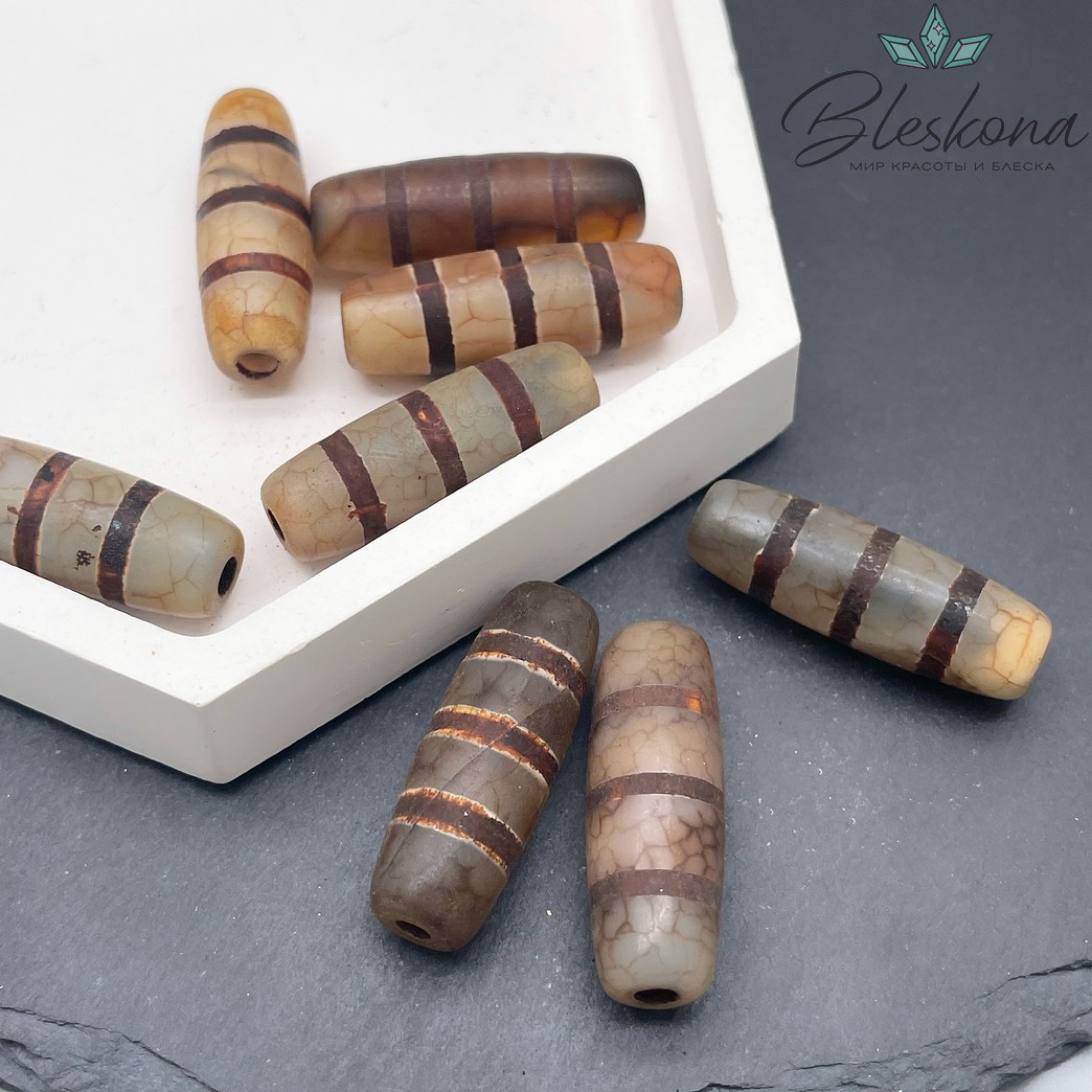 Бусина Дзи Полосатая серо-коричневый бочонок 30*11 мм