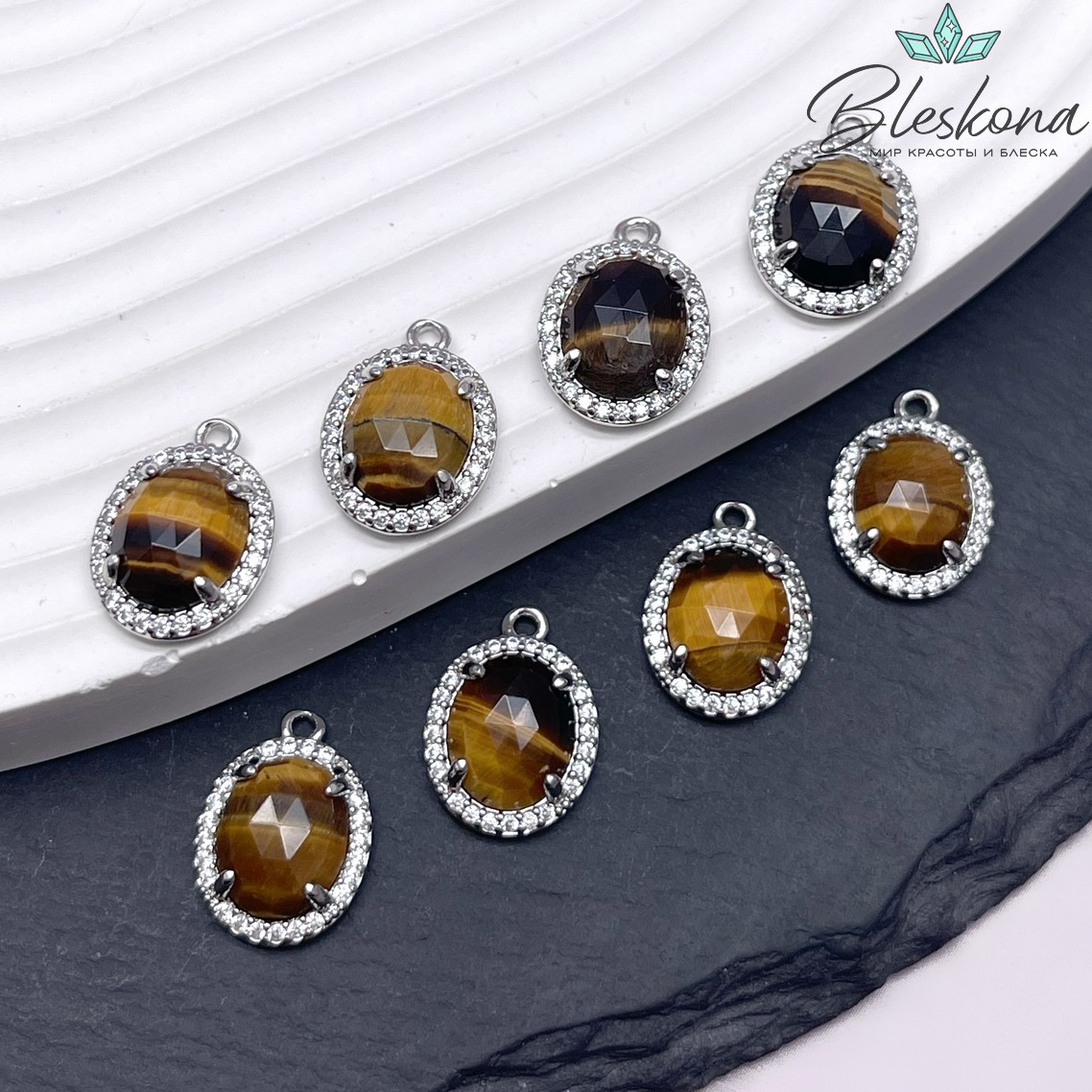 15*11 мм Цвет серебро, Подвеска овал Тигровый Глаз в обрамлении цирконы