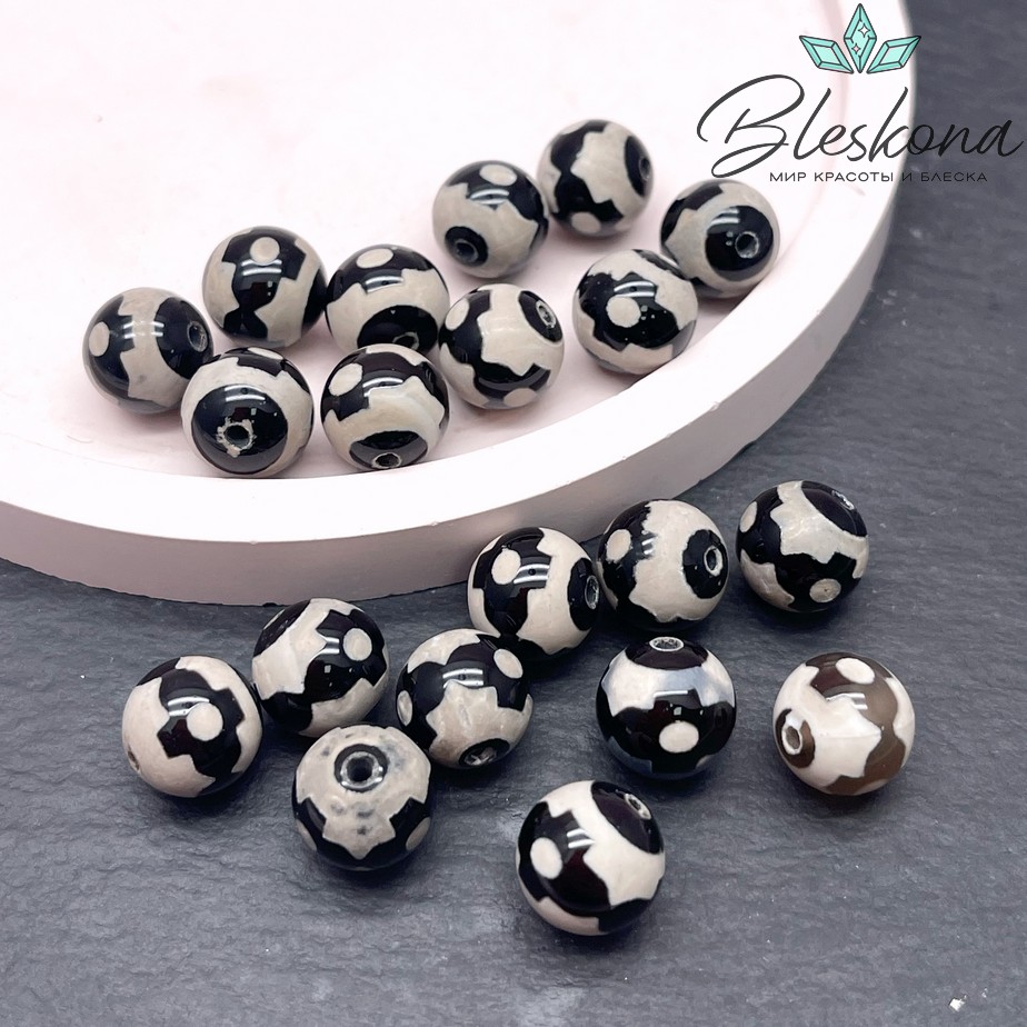 Бусина Дзи 3 глаза и мирный крест черно-белый шар 10 мм уп.10 шт.