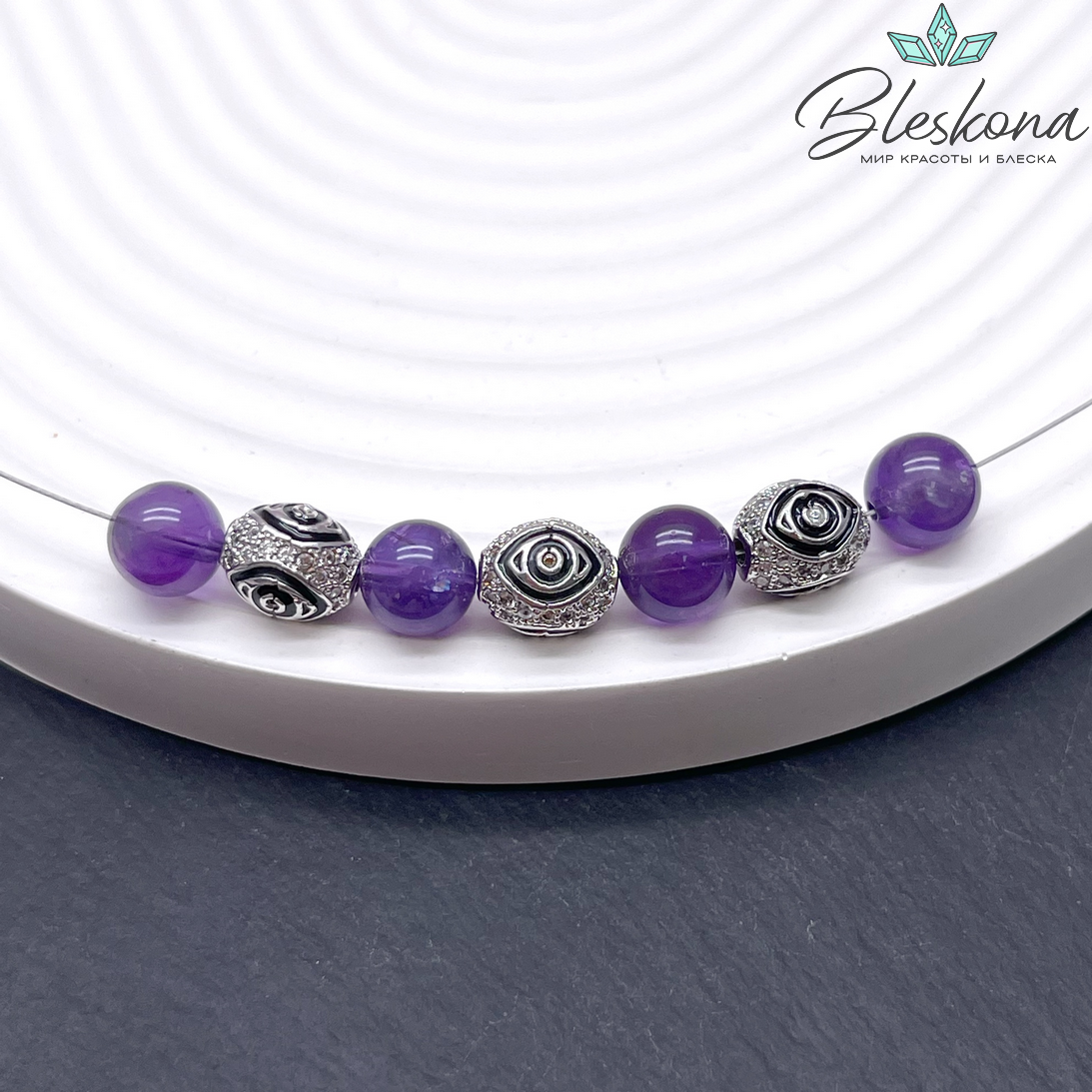 9*8 мм Цвет серебро, Бусина бочонок глаз цирконы черная эмаль