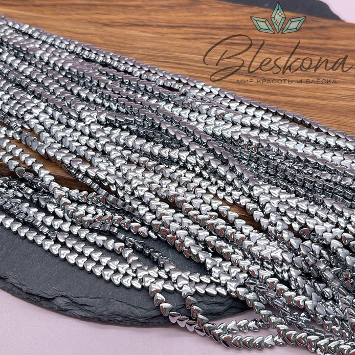 4 мм Гематин сердце объемное, темное серебро имитация