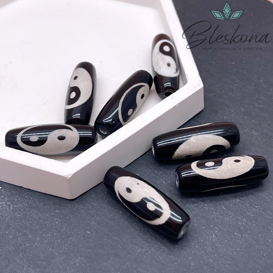 Бусина Дзи Инь-Янь черно-белый бочонок 30*11 мм