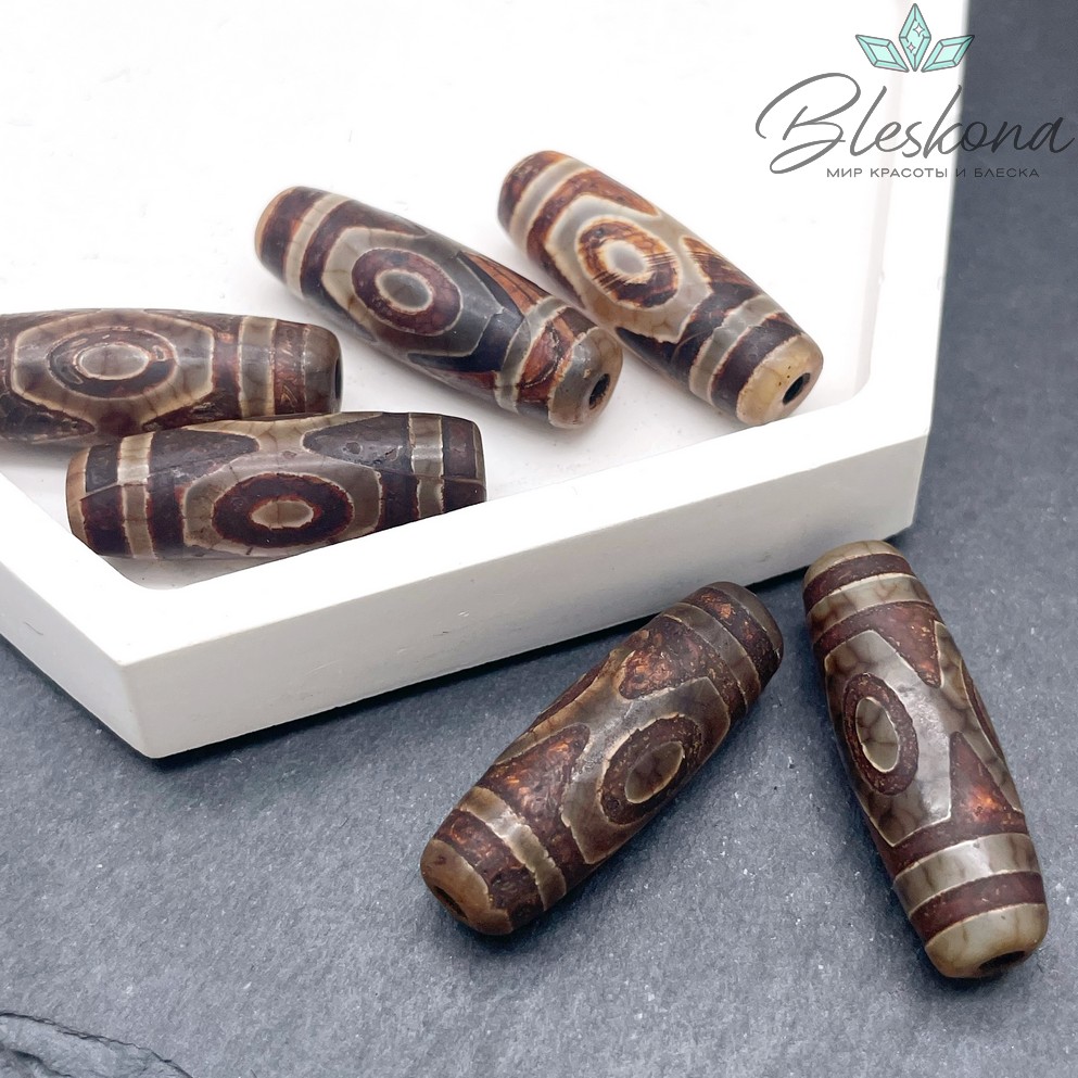 Бусина Дзи 3 глаза серо-коричневый темный бочонок 30*11 мм