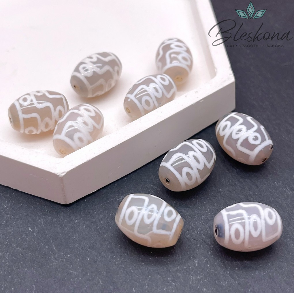 Бусина Дзи 9 глаз серо-белый бочонок 16*12 мм