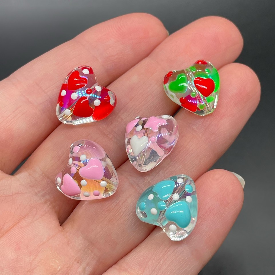 13,5 мм, Стекло бусина сердце микс уп.5 шт