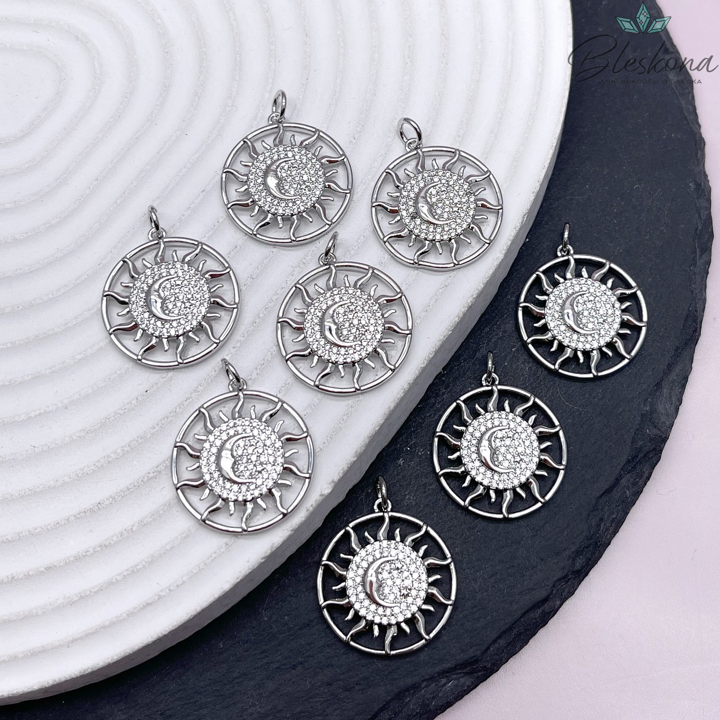 22*20 мм Цвет серебро, Подвеска солнце и луна цирконы