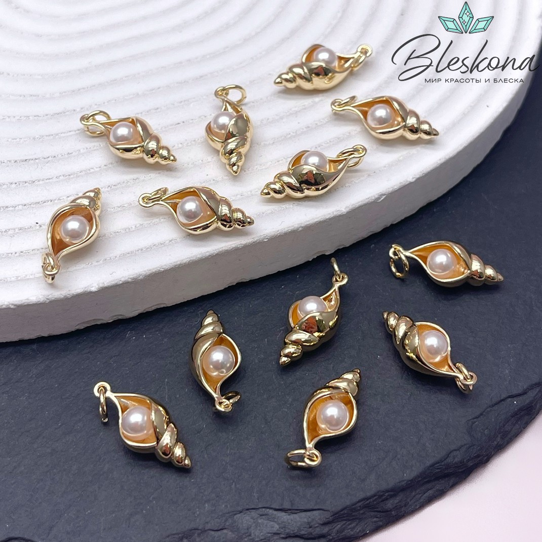 19*8,5 мм Цвет золото, Подвеска Ракушка с жемчугом Майорка 