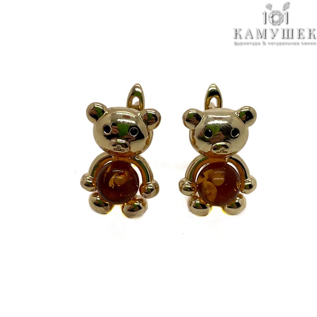 Швензы Мишка светлый янтарь, цвет золото 12*16,5мм