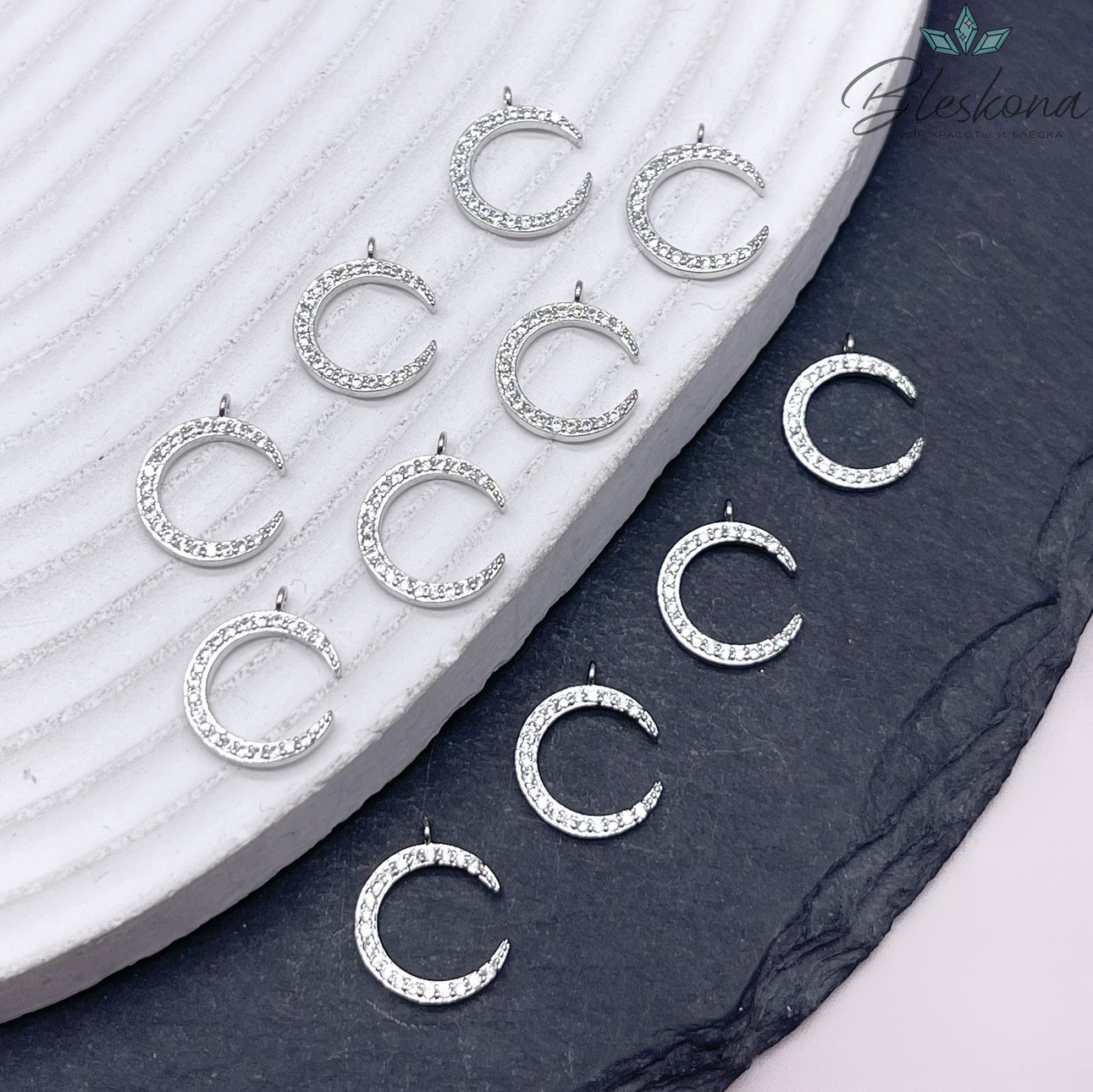 13*11 мм Цвет серебро, Подвеска мини луна с цирконами