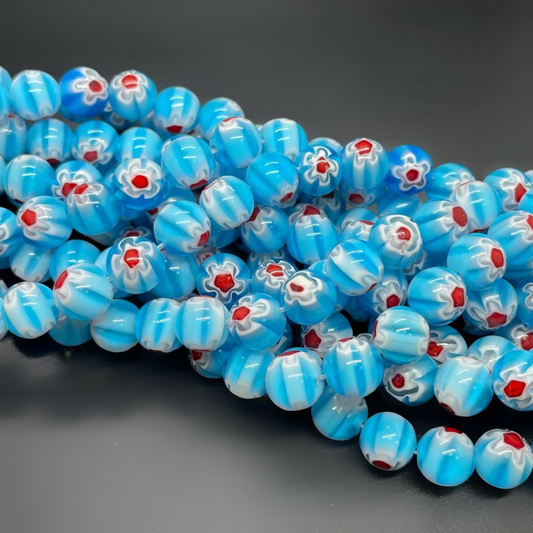 Муранское стекло синее цветы красные 10мм