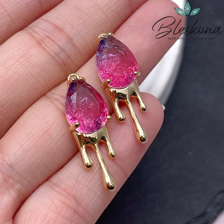 10*30мм Цвет золото, Подвеска капля розовый циркон