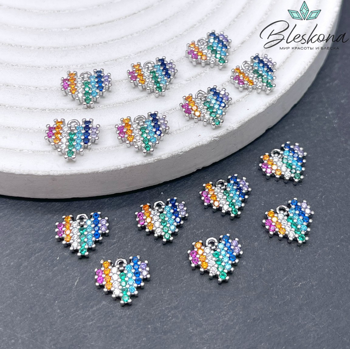 9*10,5мм, цвет серебро, Подвеска сердце микс цирконы 