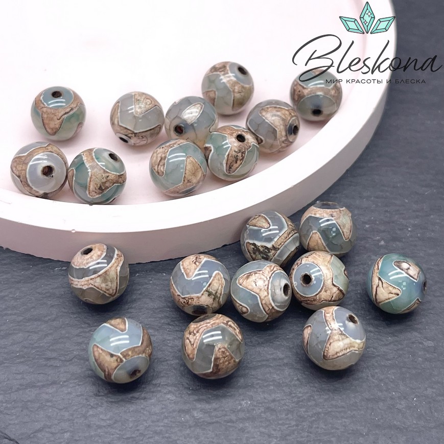 Бусина Дзи Тигриный клык зелено-коричневый шар 10 мм уп.10 шт.