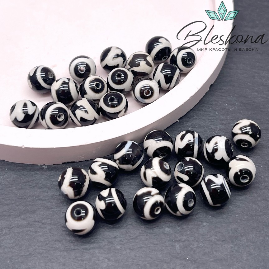 Бусина Дзи Золотой ключ бело-черный шар 8 мм уп.15 шт.