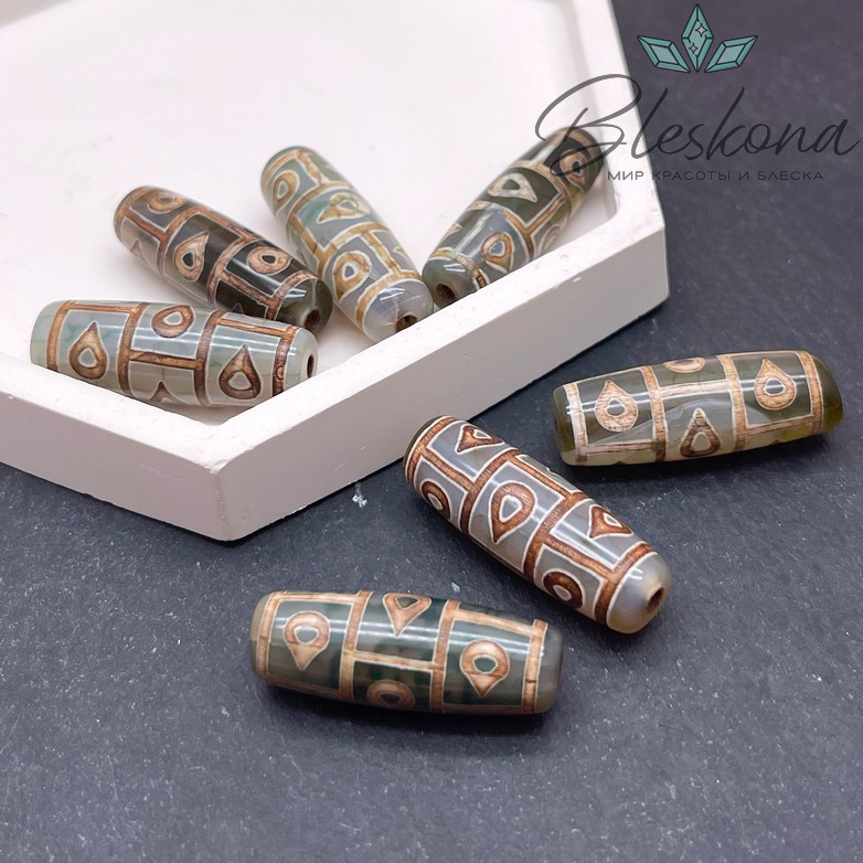 Бусина Дзи 9 глаз - Капли Дождя зелено-коричневый бочонок 30*11 мм