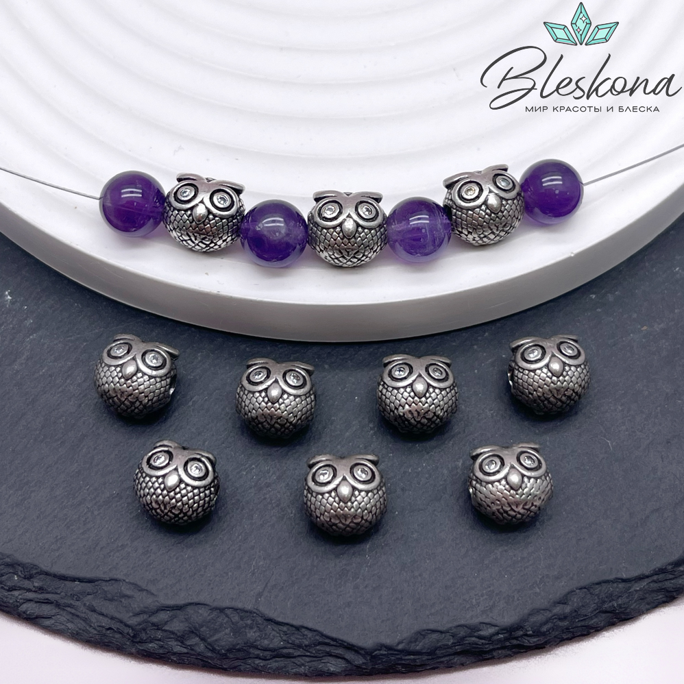 10*9 мм Цвет серебро, Бусина сова цирконы