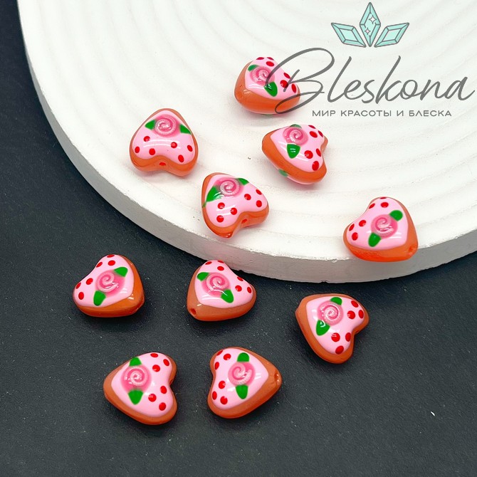 14 мм Бусина сердце коричневое с розовым