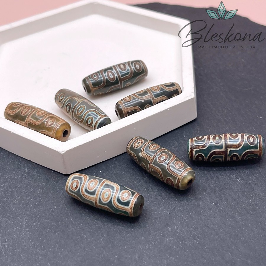 Бусина Дзи 12 глаз зелено-коричневый бочонок 30*11 мм