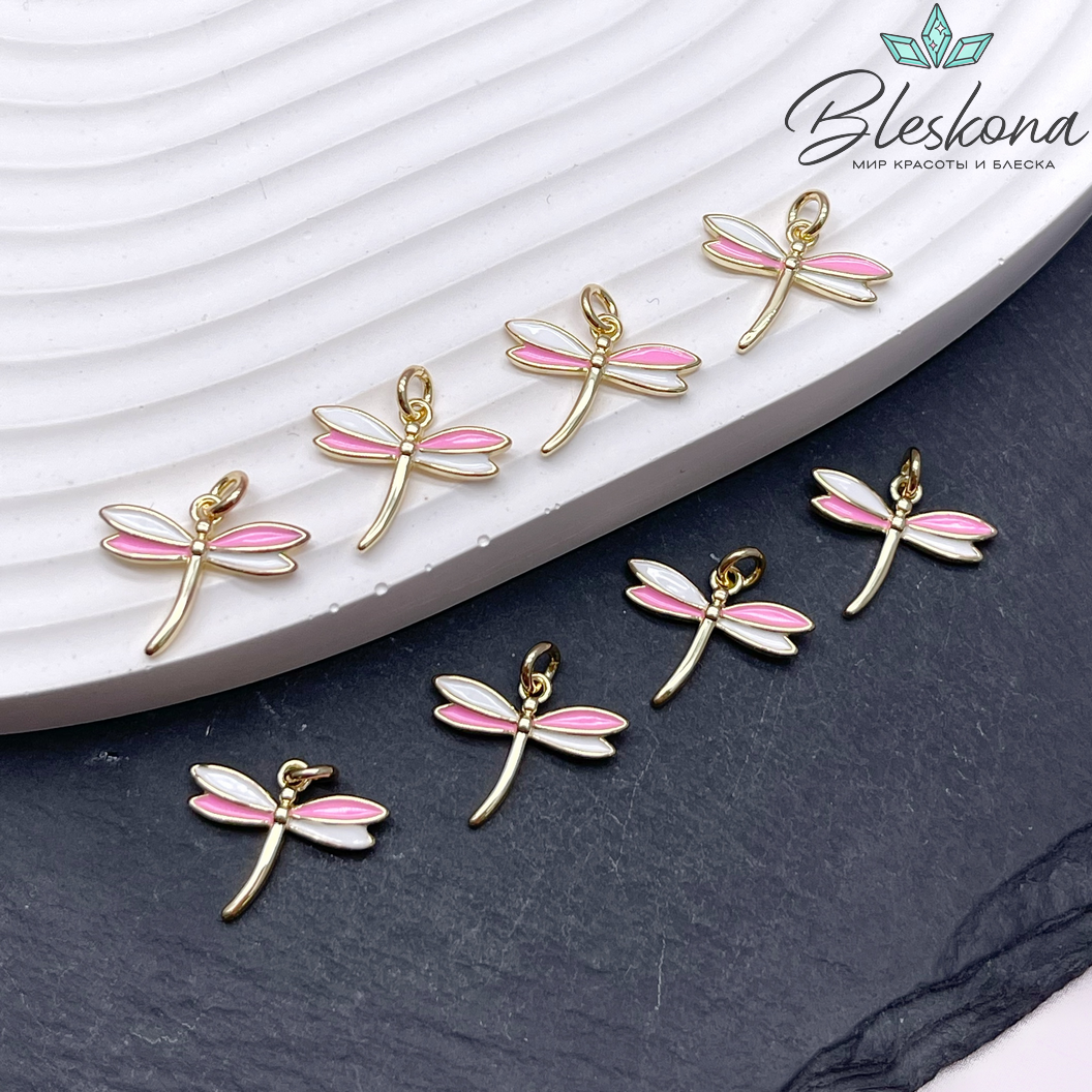 17*19 мм Цвет золото, Подвеска Стрекоза бело- розовая эмаль