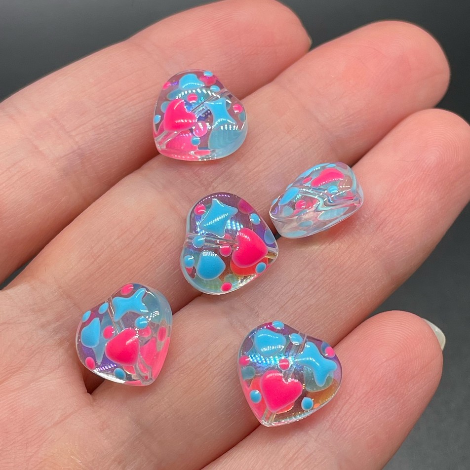 12 мм, Стекло бусина сердце с розово-голубыми сердечками  уп.5 шт