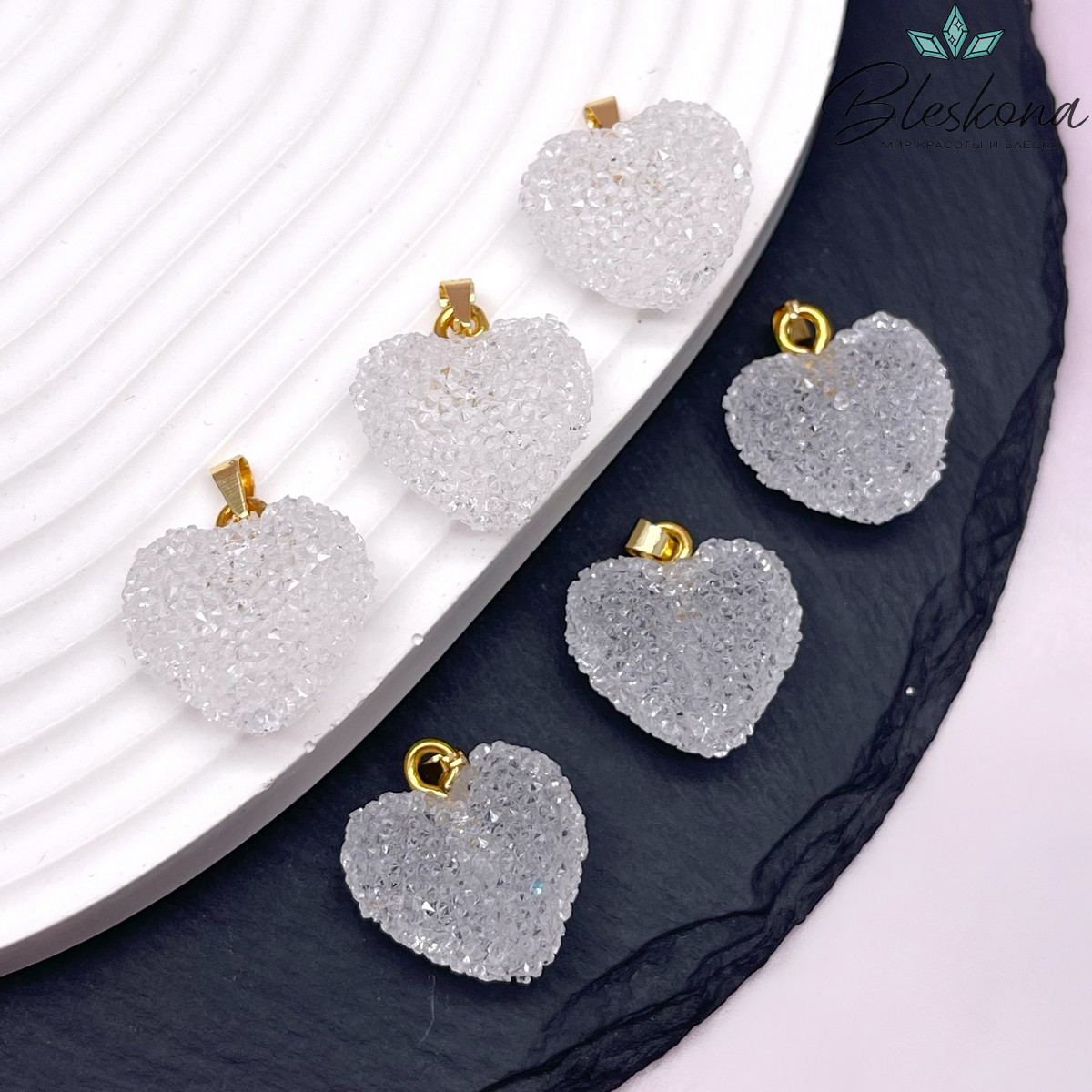 19*20 мм, Цвет золото, Подвеска мармеладное сердце белое