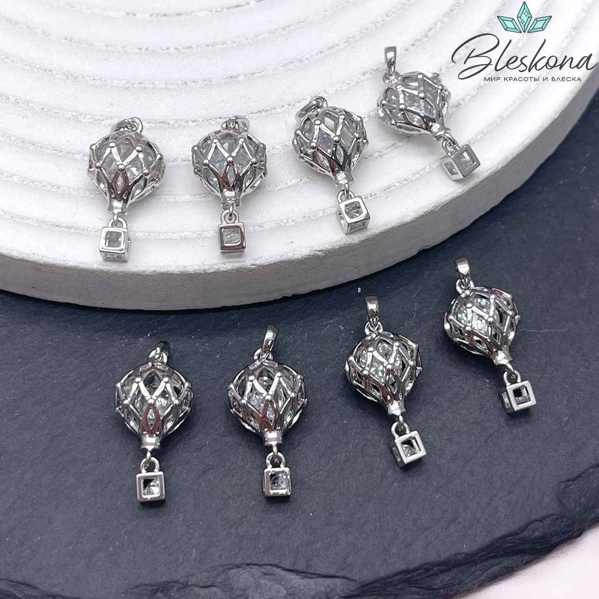 17,5*9 мм Цвет серебро, Подвеска воздушный шар с цирконом