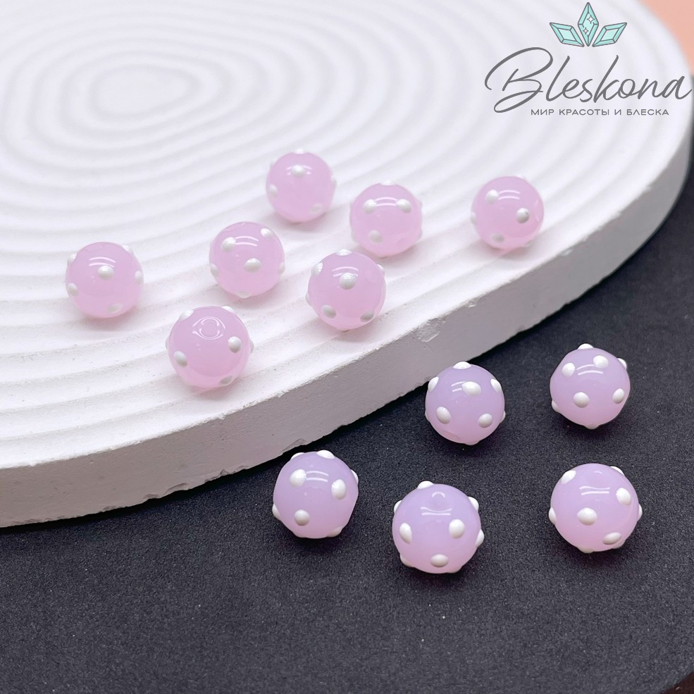 10 мм Бусина шар розовый белые точки