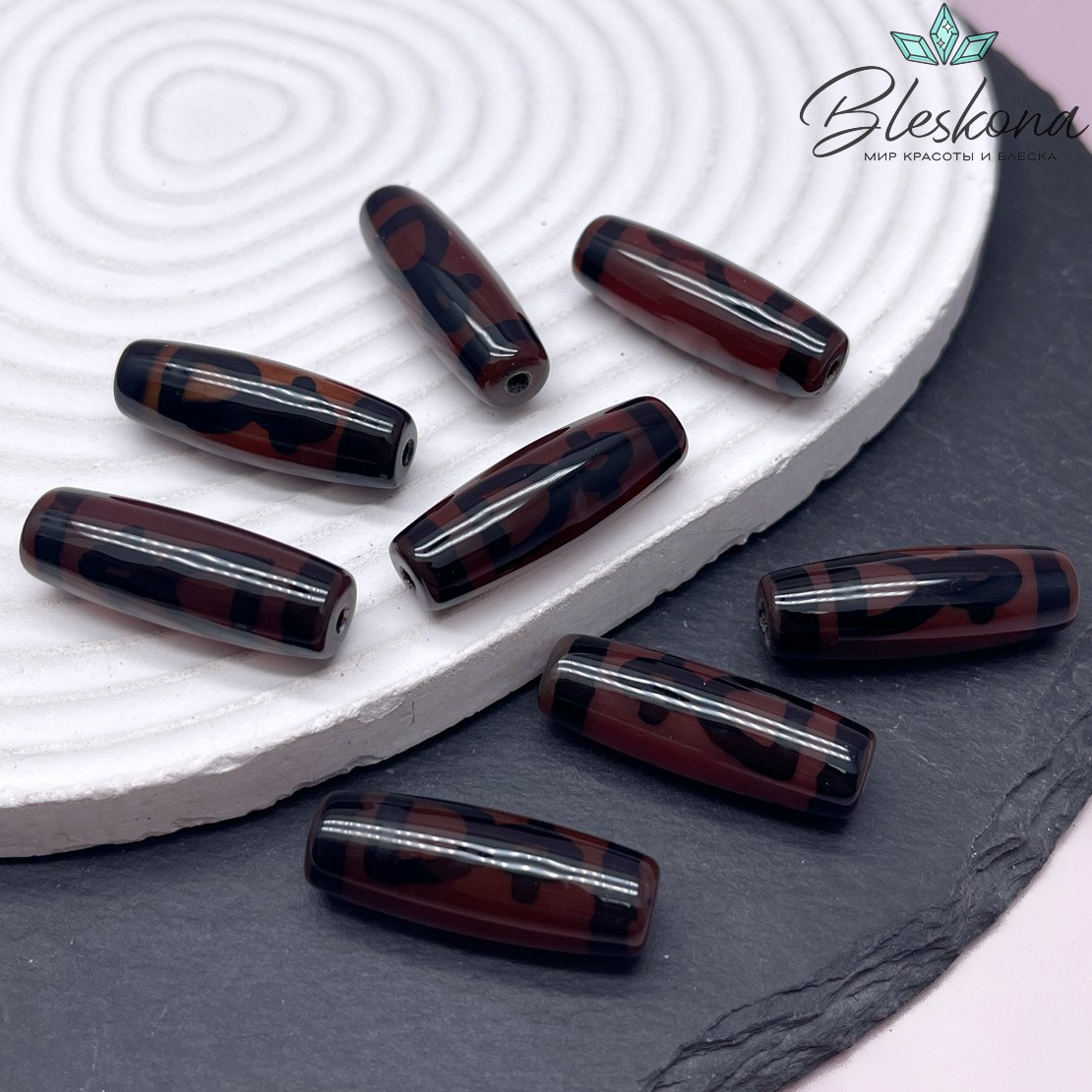 Бусина Дзи Кубера черно-коричневый бочонок 30*11 мм