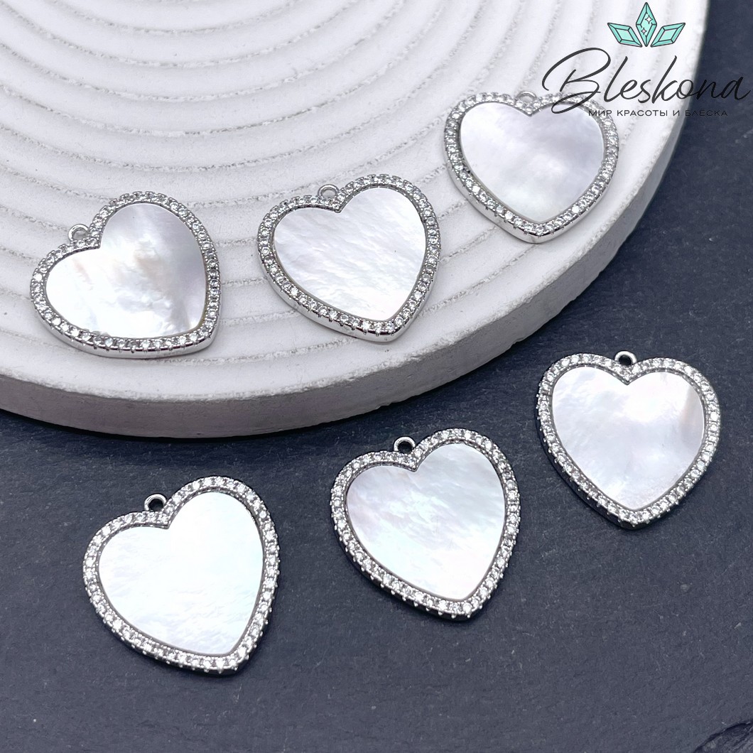 22*23мм, Цвет серебро, Подвеска Сердце белый перламутр, с цирконами