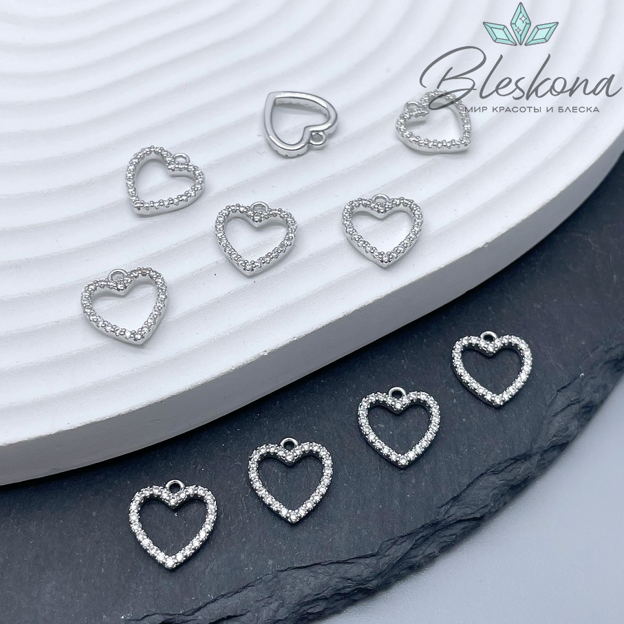 11*10,5 мм Цвет серебро, Подвеска сердце контур цирконы