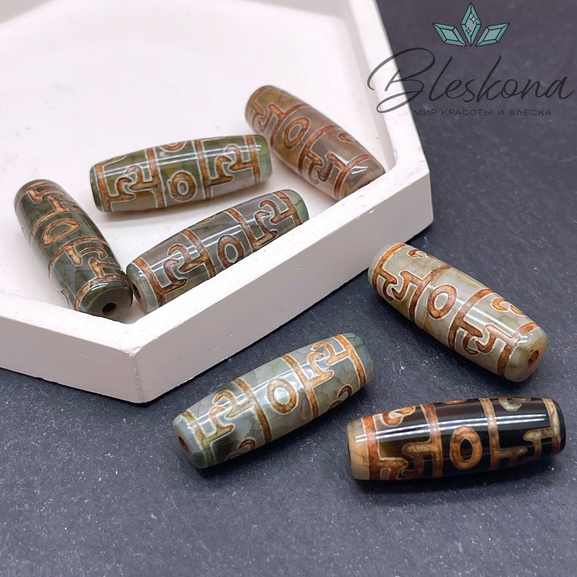 Бусина Дзи Пурба (Пхурба) зелено-коричневый бочонок 30*11 мм