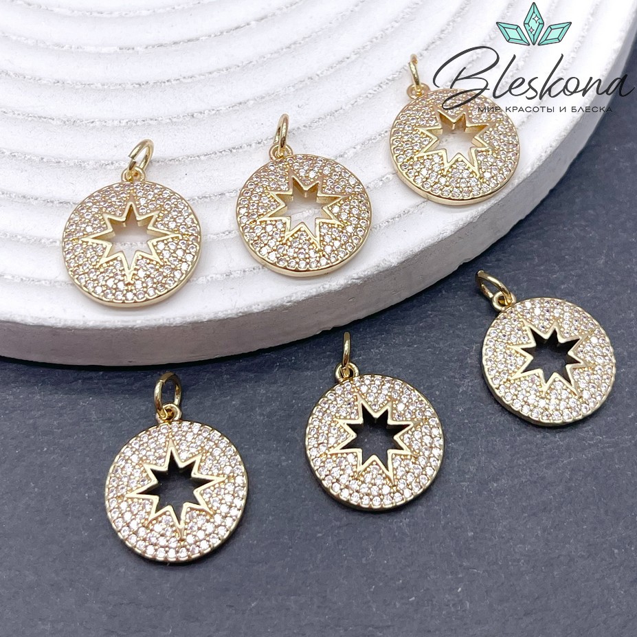 Подвеска Звезда северная в круге с цирконами, цвет золото 15мм