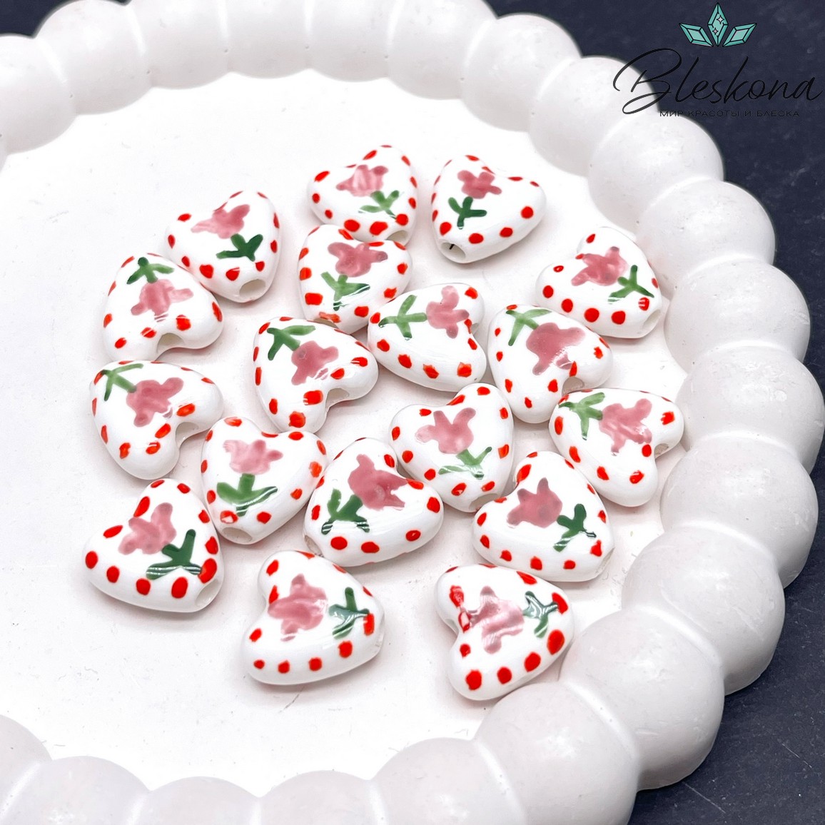 14,5 мм Бусина сердце, керамика цвет белый розовый тюльпан (штучно)