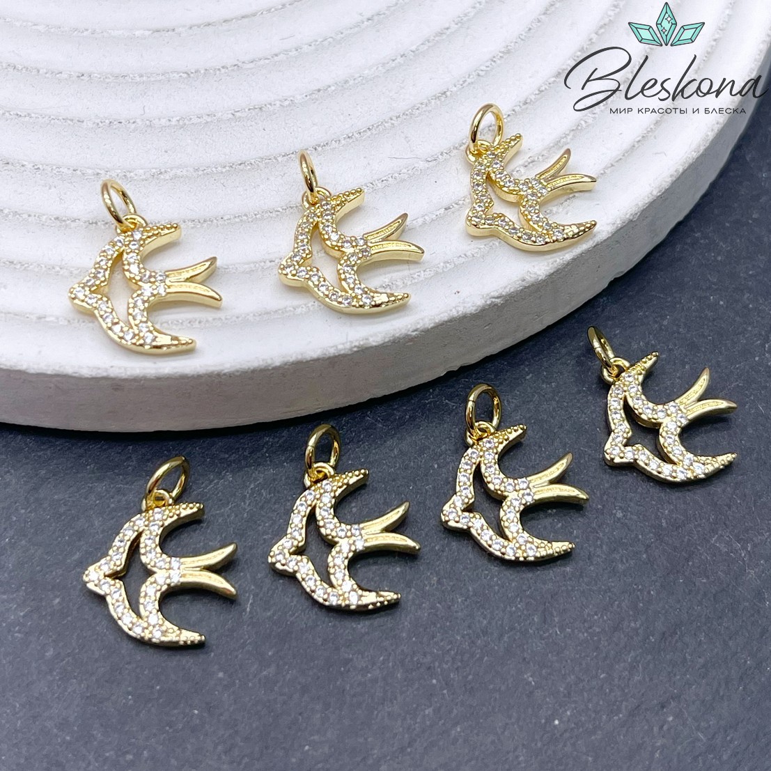 13,5*12,5 мм Цвет золото, Подвеска Ласточка цирконы