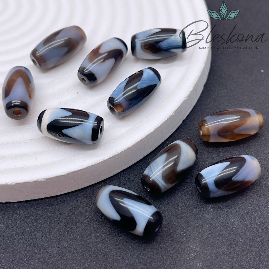 Бусина Дзи тигриный клык бело-черный бочонок 20*11 мм