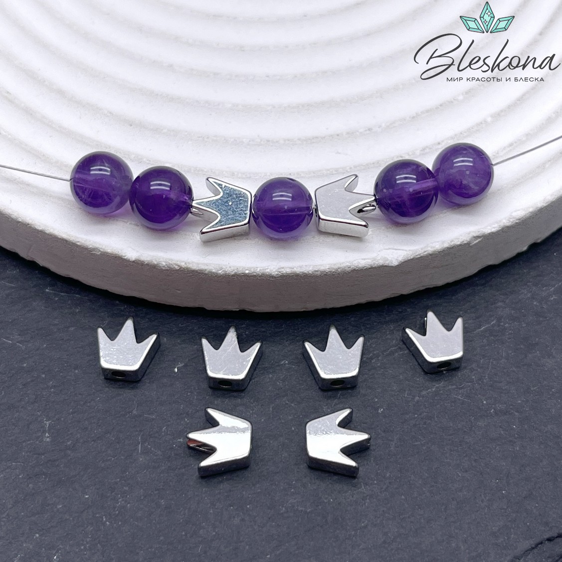 8*8мм, Цвет серебро, Бусина корона гладкая 