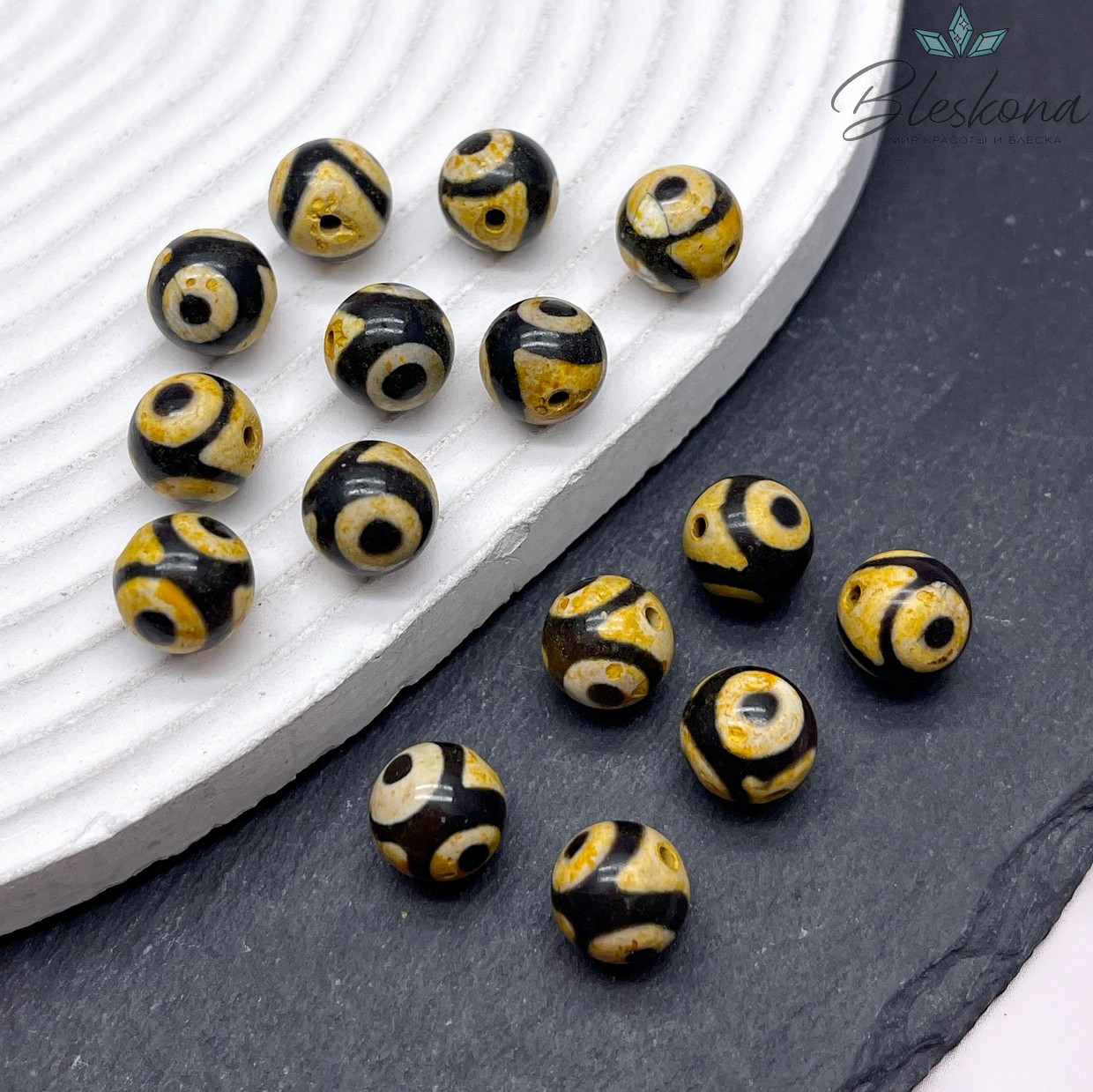 Бусина Дзи 3 глаза желто-черный шар 10 мм уп.10 шт.