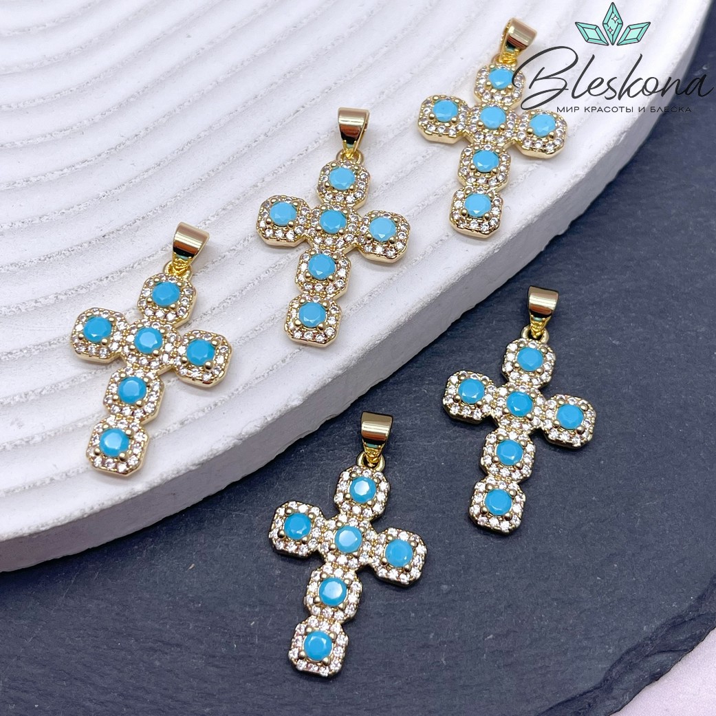 25*17 мм Цвет золото, Подвеска Крест цирконы, голубое стекло с бейлом
