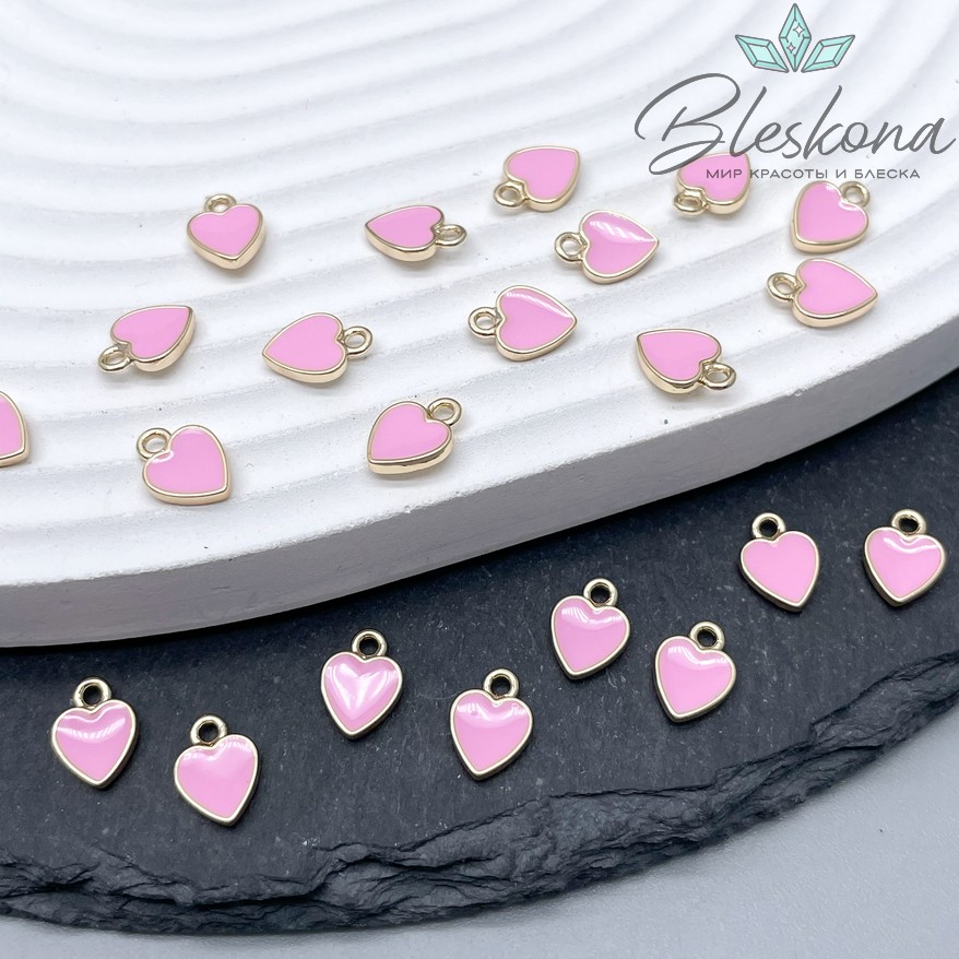 9*6,5 мм Цвет золото, Подвеска сердце розовая эмаль