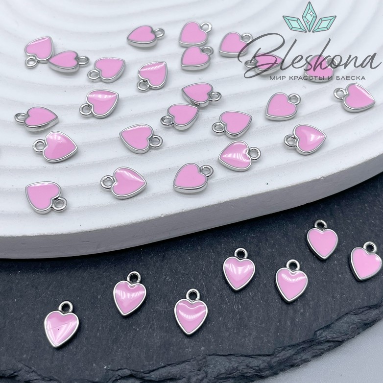 9*6,5 мм Цвет серебро, Подвеска сердце розовая эмаль