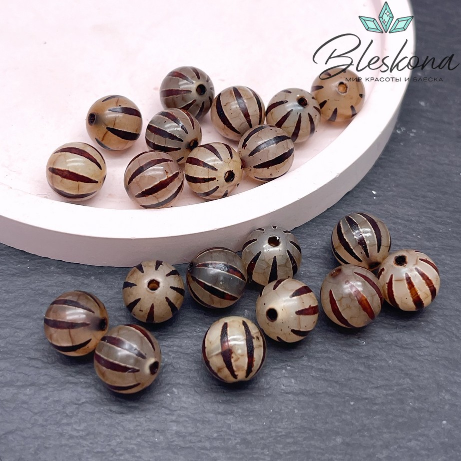 Бусина Дзи полосы серо-коричневый шар 10 мм уп.10 шт.