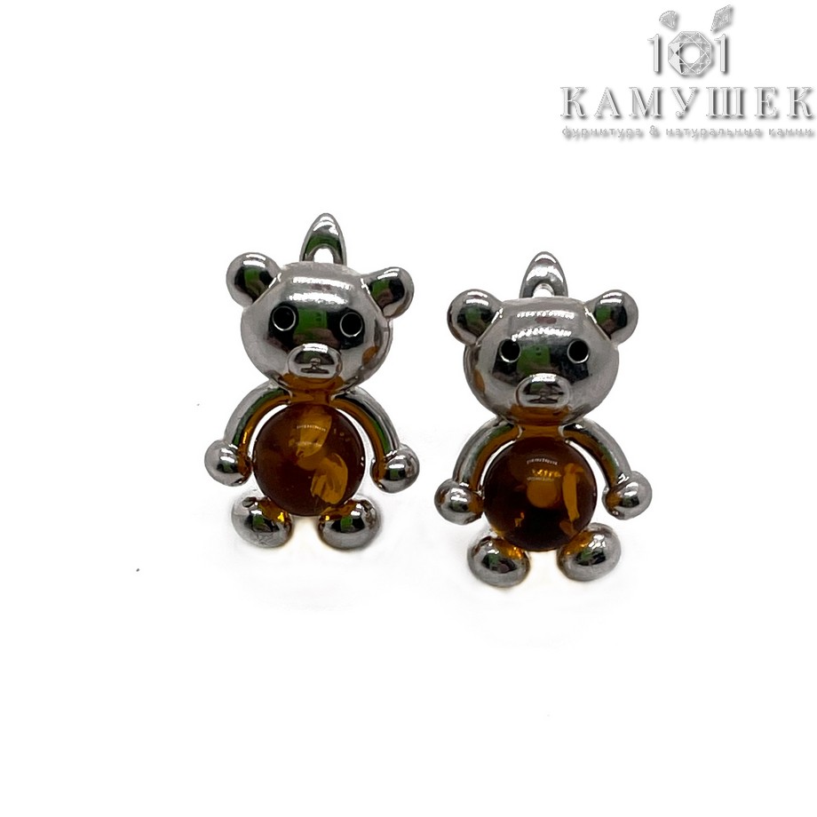 Швензы Мишка светлый янтарь, цвет серебро 12*16,5мм