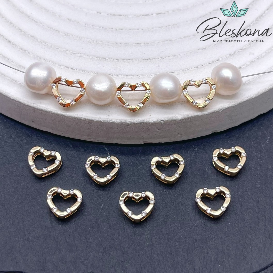 7,5*8,6мм Цвет золото,Бусина сердце цирконы контур 