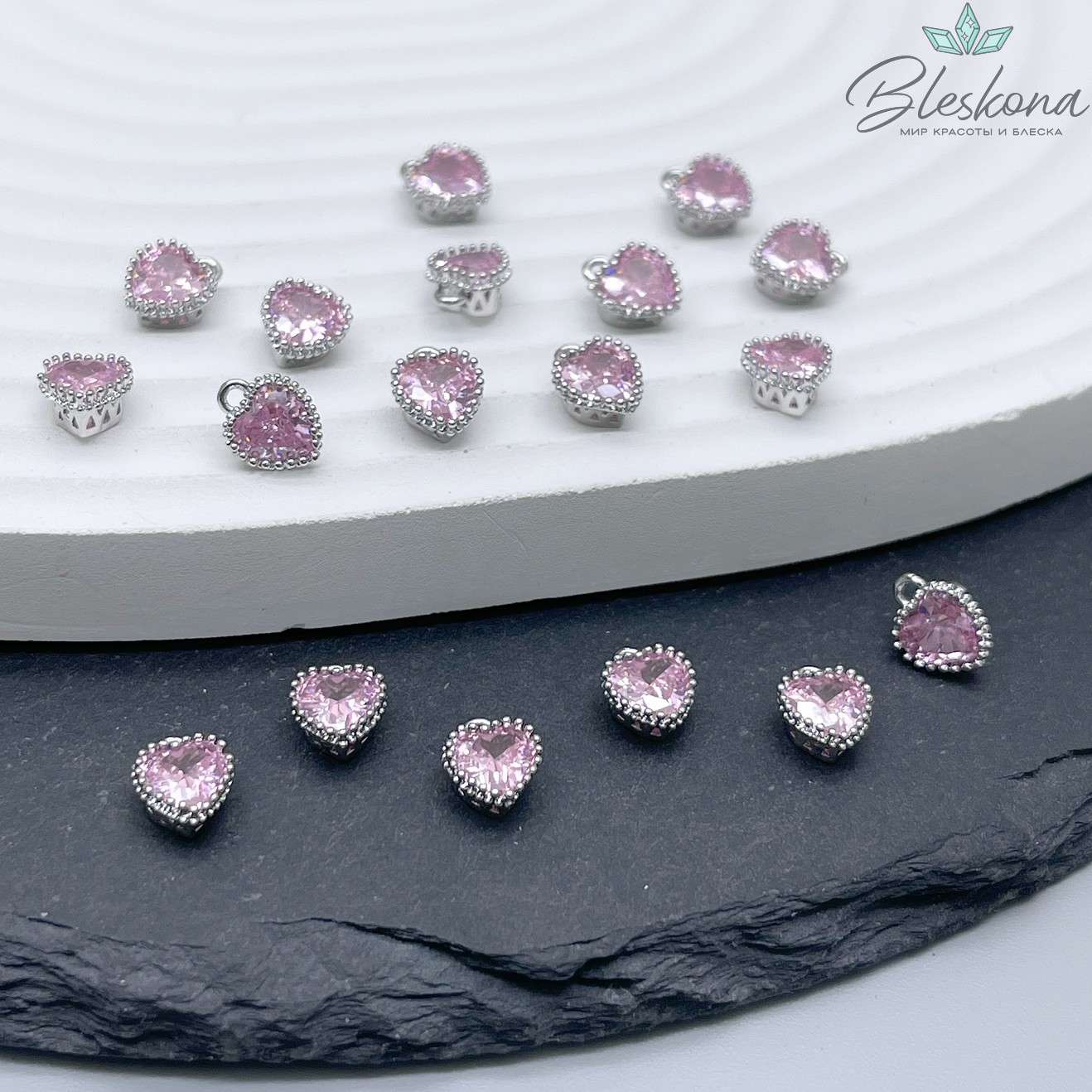 8*6,5 мм Цвет серебро, Подвеска Сердце мини розовый циркон 