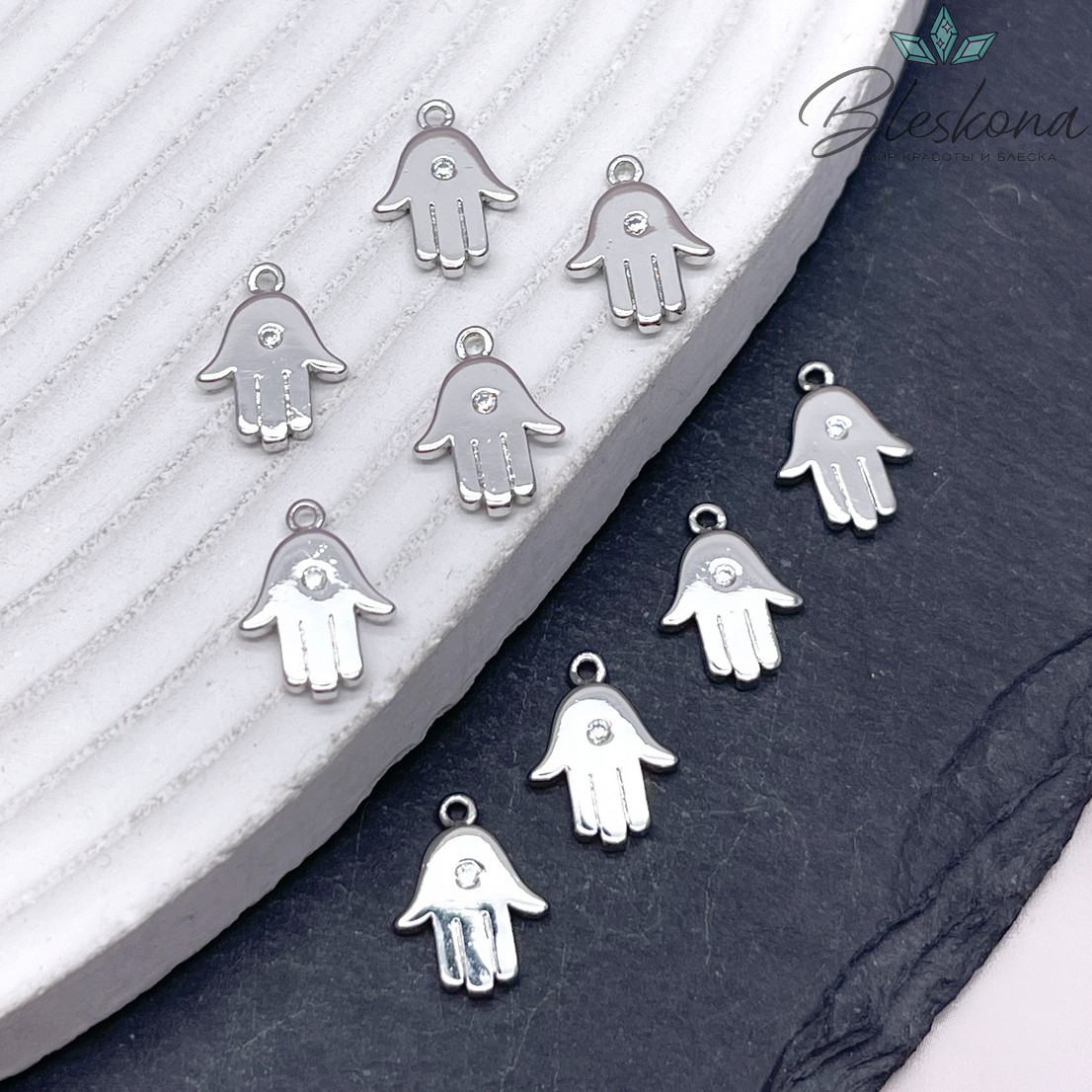 12,3*9 мм Цвет серебро, Подвеска Рука Фатимы циркон 