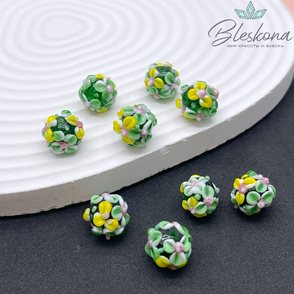 12 мм  Бусина шар цветок зеленый