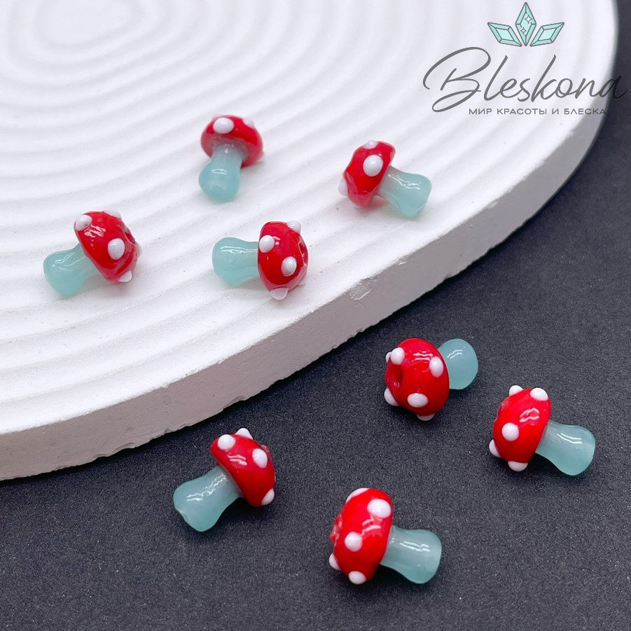 12*10 мм Бусина гриб красно- зеленый
