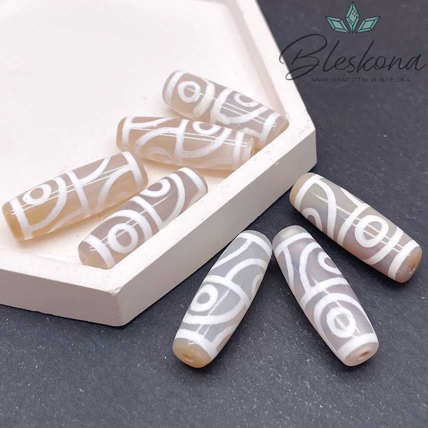 Бусина Дзи 4 глаза серо-белый бочонок 30*11 мм